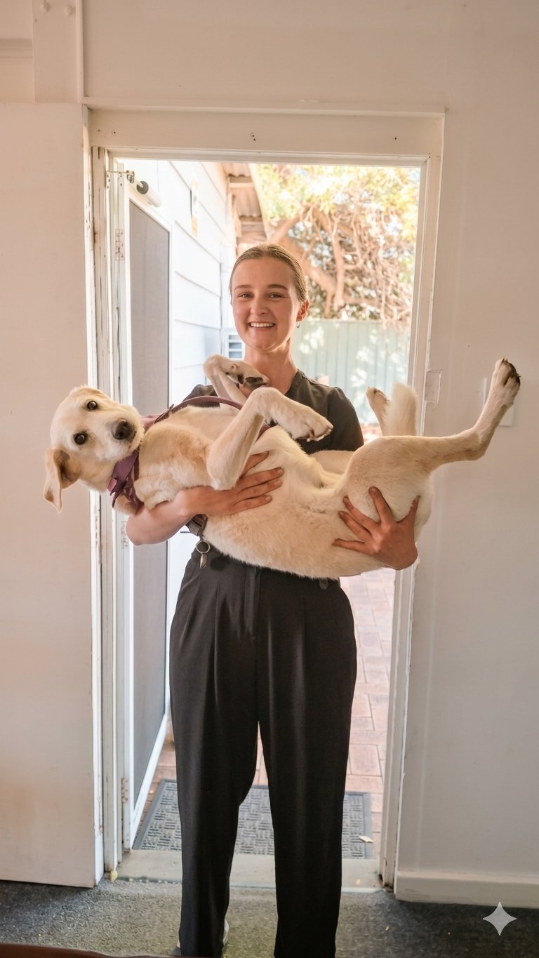 Brooke holding a happy yellow labrador in a doorway