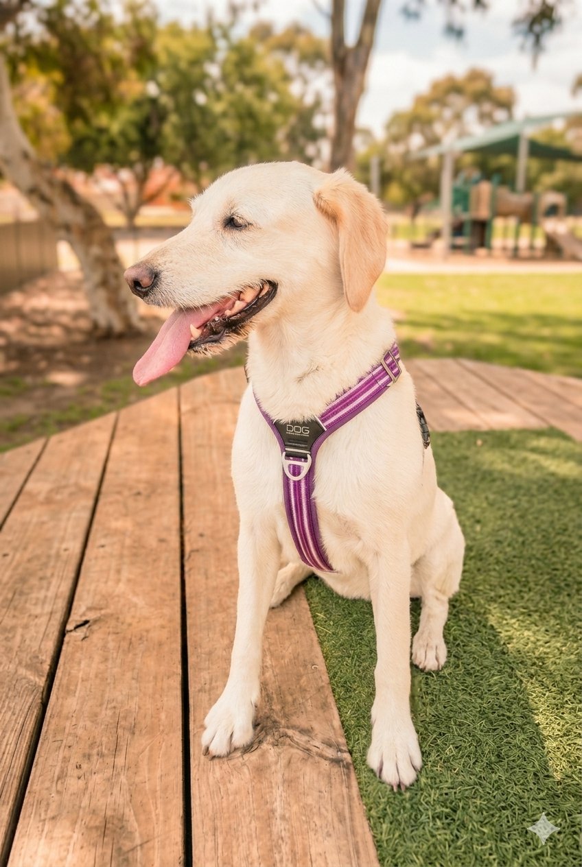 A white labrador sitting outdoors