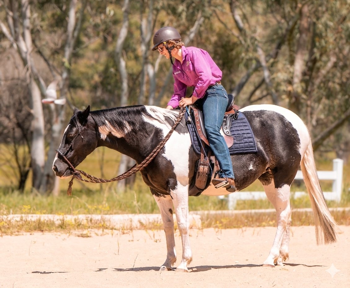 Brooke riding a horse, wearing a pink shirt and helmet