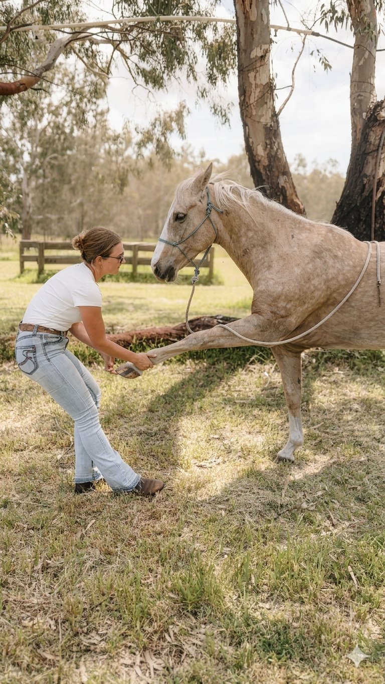 Brooke gently stretching a palomino horse's front leg in a paddock