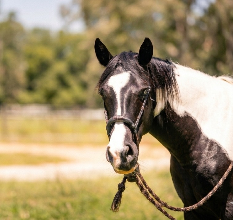 A black and white paint horse wearing a halter